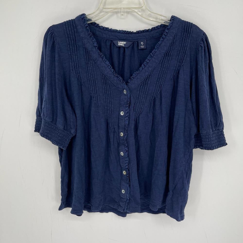 Lands' End Women's Blue Modal Blend Pleated Ruffle Button Front Blouse Size XL